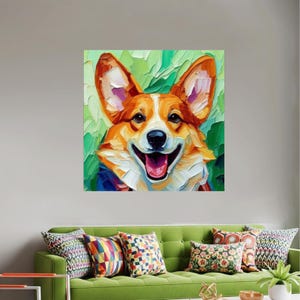 Impressão em tela de Corgi Feliz: Arte de retrato de cachorro em pasto brilhante