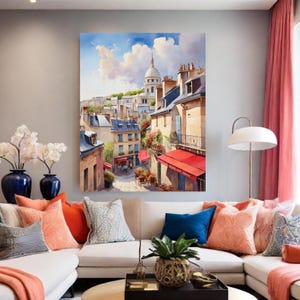 Paris cafe oil original painting,  Rooftops of Paris artwork - Canvas Print