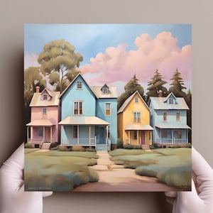 Impressão de casa de cidade inglesa em tela - arte original de casa de campo rústica - pintura em estilo ingênuo - presentes de viagem