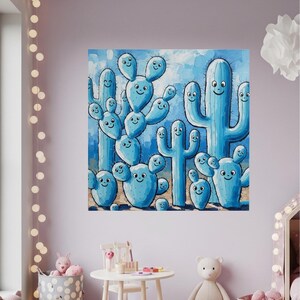 Impressão em tela de cactos felizes para berçário Arizona Cactus Pintura original Flores Impasto Arte Infantil Presentes para amantes de cactos