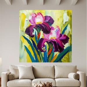 Iris Flowers Canvas Prints Original Florals painting, Irises Boutique Artwork, Botanical large Wall Art  Gift for Her