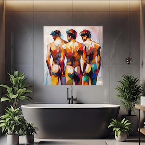Gay Bodies Canvas Print Three Male Friendship Body Colorful Original Painting Men Impasto Wall Art Large Painting Gifts for Him