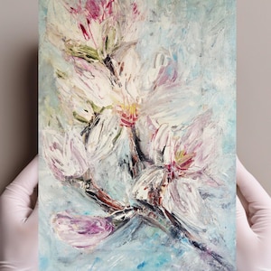 Weiße Magnolie Blumen Malerei Auf Leinwand, Einzigartige Magnolie Wandkunst, Blumenkunst Ölgemälde Geschenk für Mütter