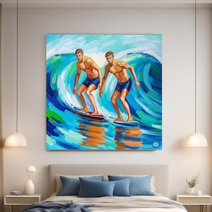 Surfers Male Bodies Canvas Print Men Original painting Waves Artwork Gay Wall Art Decor