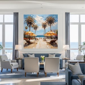 Beach Sun Loungers Print on Canvas, Santa  Monica Seaside Oil Painting, Dreamy Coastal artwork, Yellow Umbrellas Wall Decor