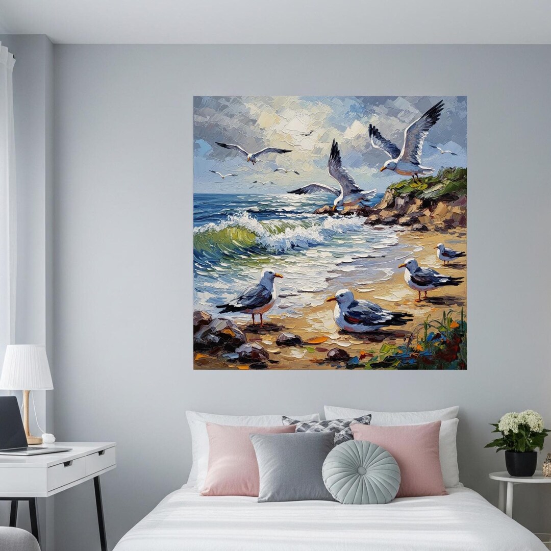 Seagulls Coastal Landscape Canvas Print Bird Art Impasto Ocean Wall ...