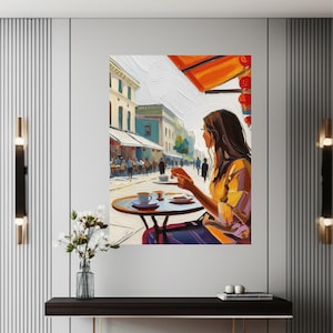 Mädchen im Pariser Cafe Leinwanddruck - Frankreich Stadtbild - Paris Straßencafe Ölgemälde - Reisegeschenk für Sie