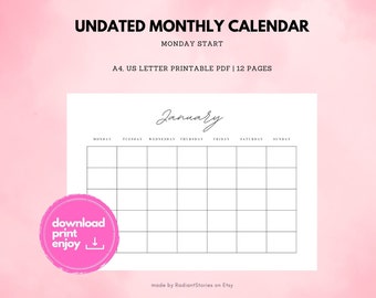 Blank Monthly Calendar Landscape Template, Printable Calendar Blank, Blank Calendar, Minimalist Calendar, Calendar Template, Monday - Sunday
