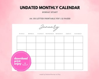 Blank Monthly Calendar Landscape Template, Printable Calendar Blank, Blank Calendar, Minimalist Calendar, Calendar Template, Sunday - Monday