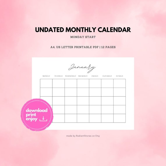 Blank Monthly Calendar Landscape Template, Printable Calendar Blank, Blank  Calendar, Minimalist Calendar, Calendar Template, Monday Sunday - Etsy