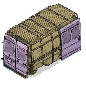 Puede incluir: Vista isométrica de la carrocería de una furgoneta, mostrando su estructura. El exterior de la furgoneta es una combinación de morado claro y beige, con ventanas y contornos de puertas visibles. El techo presenta un diseño detallado en forma de rejilla.