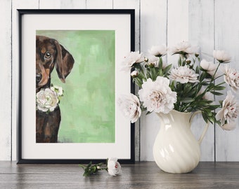 Dachshund with a flower collar print/ Dachshund art / Gift for a Sausage Dog lover /decor dog art /Digital print/Dog print/Wall art