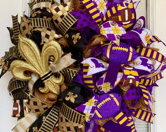 Louisiana black and gold, tigers, wreath, glitter, fleur-de-lis, football wreath, tigers, sports wreath