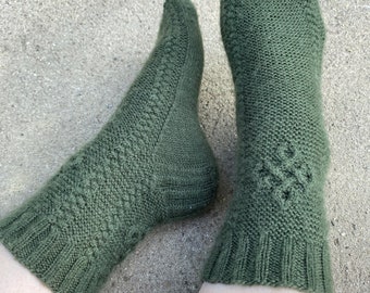 Happiness Socks PDF knitting pattern download, intermediate, charts, written instructions, cable, size-inclusive, heel flap & gusset, tested