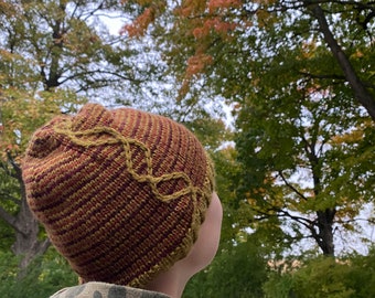 Heredity Hat mosaic striped colorwork with DNA cables knitting pattern PDF download, great for science lovers