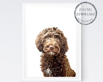 May include: A framed print featuring a close-up portrait of a brown Labradoodle dog with a fluffy coat and expressive eyes. The dog is centered against a white background. The print is labeled "DIGITAL DOWNLOAD" in a circular stamp.