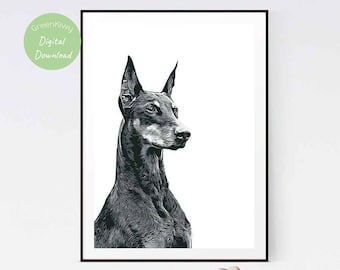 Doberman Pinscher Printable Portrait, Digital Download, Black and White Art, Printable Dog Poster, Dog Painting, Dog Wall Art