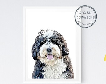 May include: Digital download of a watercolor painting of a black and white dog with a white background. The dog is smiling and has its tongue sticking out.