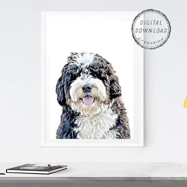 Bernedoodle Dog, Digital Download, Dog Poster, Bernese Doodle Animal Art, Printable Home Decor, Pet Portrait, Instant Download