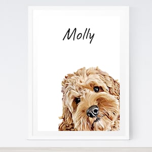 May include: A white framed print with the name "Molly" written in black at the top. A brown and white dog with curly hair is peeking from the bottom of the frame.