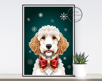 May include: Digital art print of a dog with a red bow tie, set against a teal background with white snowflakes. The dog has cream-colored fur and brown ears. The print is framed in a black border.