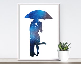 Couple in the Rain Silhouette Printable Wall Art - Digital Download, Romantic Gift, Dark Blue Shape, Couple with Umbrella Home Decor