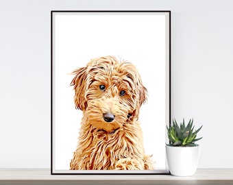 May include: A digital illustration of a golden doodle dog with brown eyes looking directly at the viewer. The dog is sitting with its front paws crossed and its head tilted slightly to the side. The background is white.