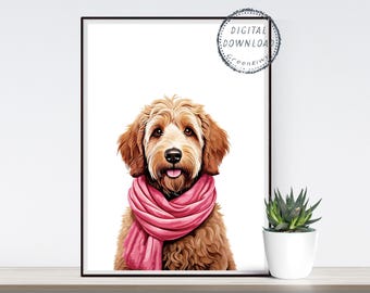 May include: A digital illustration of a golden doodle dog wearing a pink scarf. The dog is looking directly at the viewer with a happy expression.