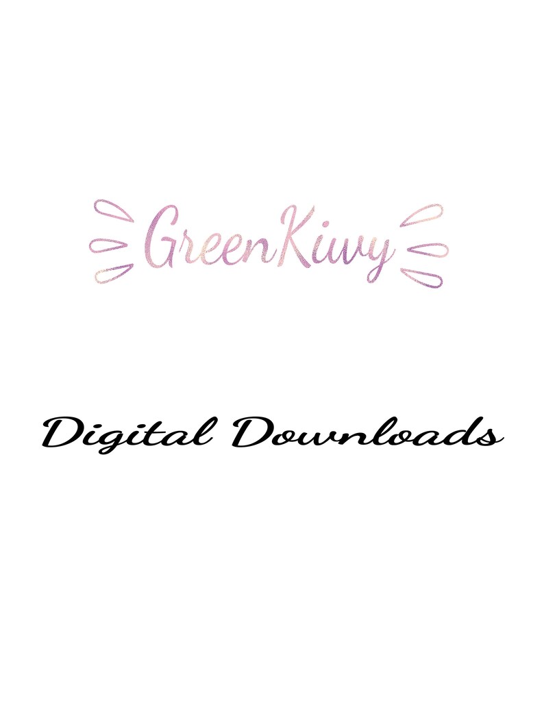 K&ouml;nnte beinhalten: Wei&szlig;er Hintergrund mit dem Text "Green Kiwy" in einer kursiven, rosa-lila Farbverlaufs Schriftart, mit dekorativen Elementen. Darunter stehen die Worte "Digital Downloads" in einer schwarzen, eleganten Schrift.