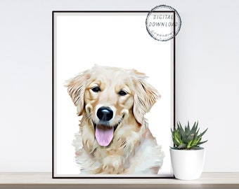 Golden Retriever Affiche imprimable Téléchargement numérique, Retreiver Imprimable, Affiche de chien, Portrait d’animal de compagnie, Décoration murale de chien
