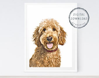 May include: A digital download of a painting of a brown and white doodle dog with a red collar. The dog is looking at the camera with its tongue sticking out.