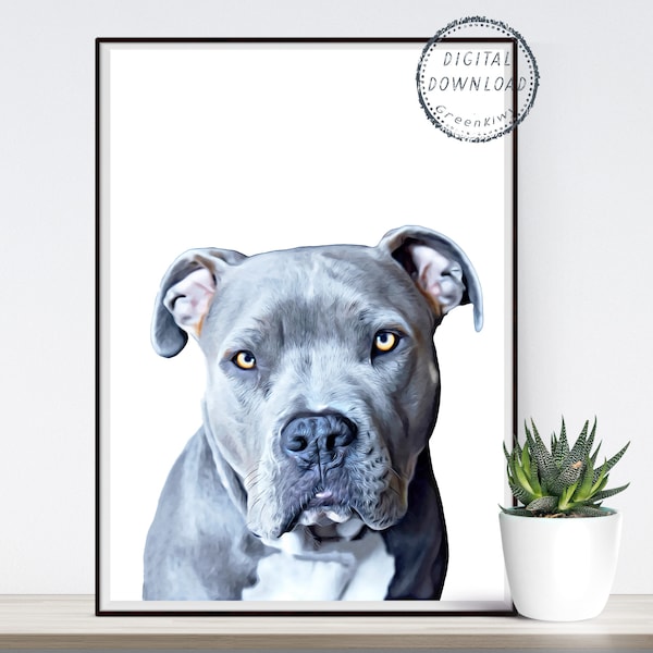 Pitbull Home Decor, Digital Download, Pitbull Print, Printable Home Decor, Pet Portrait, Instant Download, Gray Pitbull
