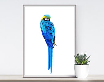 Blaue Ara druckbare Poster, digitaler Download, Vogel Wandkunst, Ara Druck, Papagei Wand, blauer Papagei Wand-Dekor