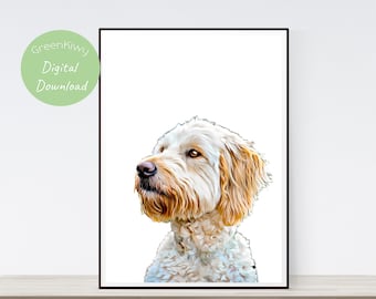 May include: A framed digital print featuring a portrait of a Goldendoodle dog. The dog has a cream-colored coat with a brown muzzle and ears. The print has a white background and the text "GreenKiwy Digital Download" in a green circle.
