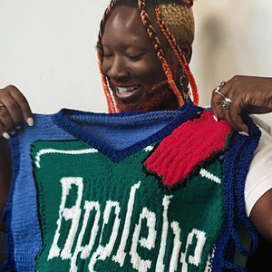 Puede incluir: Un chaleco de punto azul, verde y rojo con la palabra "Applebebe" en escritura blanca. El chaleco tiene un diseño de cuello en V y un parche rojo en el lado derecho. El chaleco se sostiene sobre un fondo blanco.