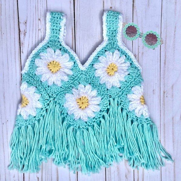 Girls Crochet Fringe Top,  Daisy Flower Top, Boho Top