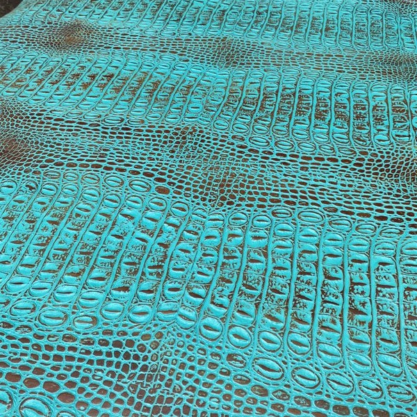 Turquoise Brown EMBOSSED CROCODILE LEATHER : Genuine Leather 3.0-3.5 oz. - Perfect for Handbags and Leather Crafts!