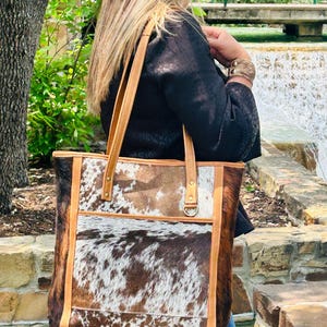 Cowhide Tote Bag – White & Brown Speckled | Genuine Leather Purse | Hair-On Hide Handbag | Western Tote | One-of-a-Kind Gift
