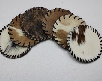 Cowhide Coaster Assorted - Size (4.5 Inches) - Genuine Solid Cowhide Coasters