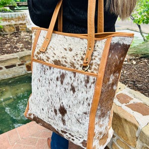 Cowhide Tote Bag – White & Brown Speckled | Genuine Leather Purse | Hair-On Hide Handbag | Western Tote | One-of-a-Kind Gift
