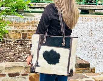Cowhide Tote Bag – White & Black | Genuine Leather Purse | Hair-On Hide Handbag | Western Tote | One-of-a-Kind Gift