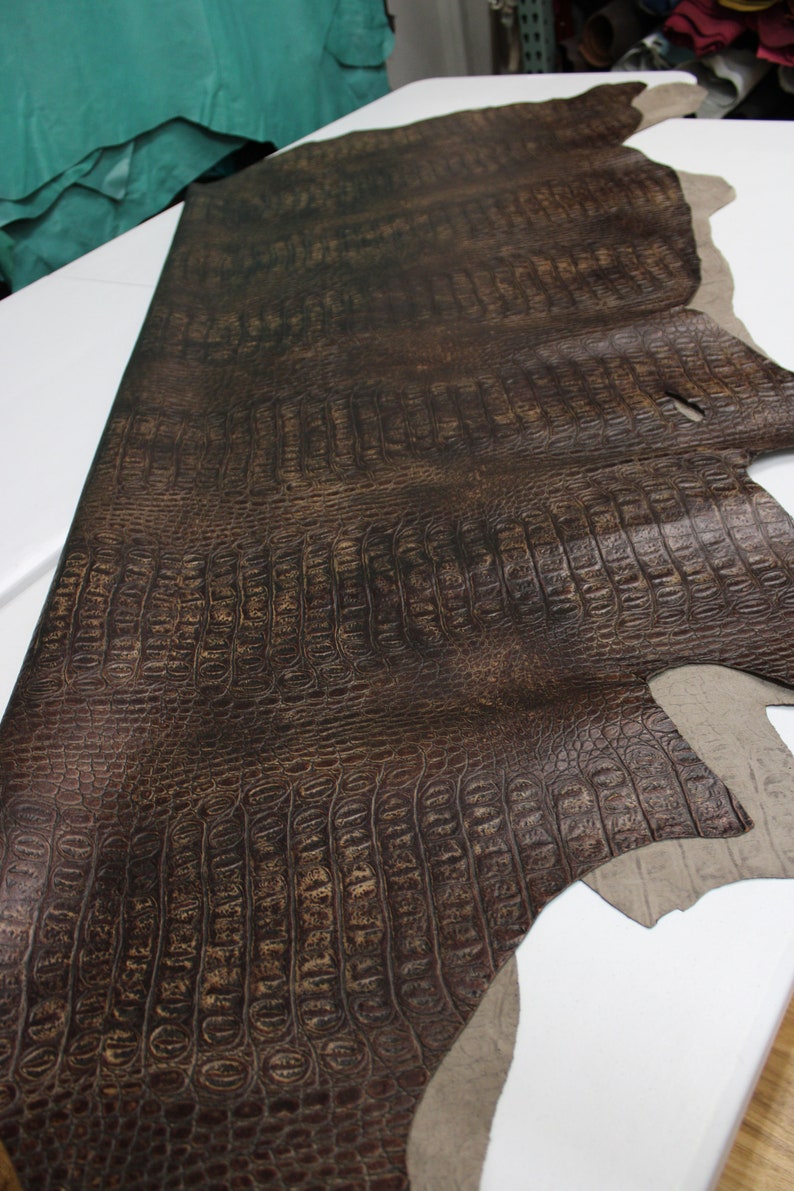 Op de afbeelding: Een bruine alligator-ge&euml;mbosseerde lederhuid met een textuur.