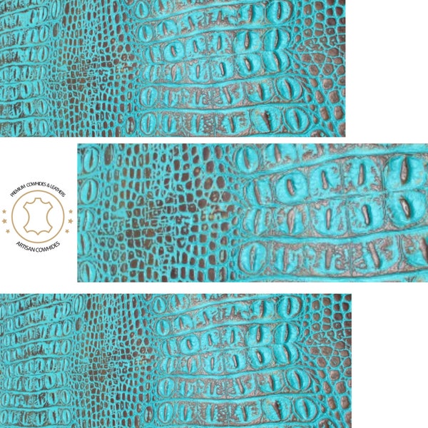 Embossed Leather Sheets -  Crocodile Turquoise Brown, Cut to Size, Leatherworking, 1.2-1.4 mm / 3-3.5 oz For Earrings, Wallets, Upholstery