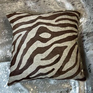 Zebra Print Cowhide Pillow Cover |  18&quot;x18&quot; |  Brown Distressed Leather Back - New Cowskin Cushion Cover - Christmas Gift