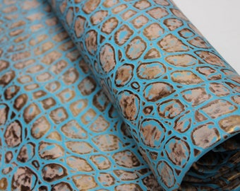 EMBOSSED TORTOISE LEATHER Turquoise Copper: Genuine Leather 3- 3.5 oz. - Perfect for Handbags and Leather Crafts!