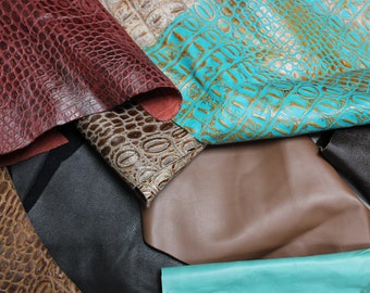 COWHIDE LEATHER SCRAPS - Embossed & Smooth Mix leathers Assorted Colors