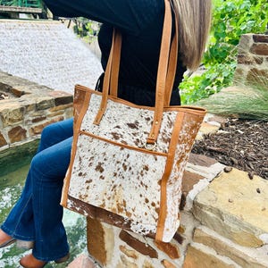 Cowhide Tote Bag – White & Brown Speckled | Genuine Leather Purse | Hair-On Hide Handbag | Western Tote | One-of-a-Kind Gift