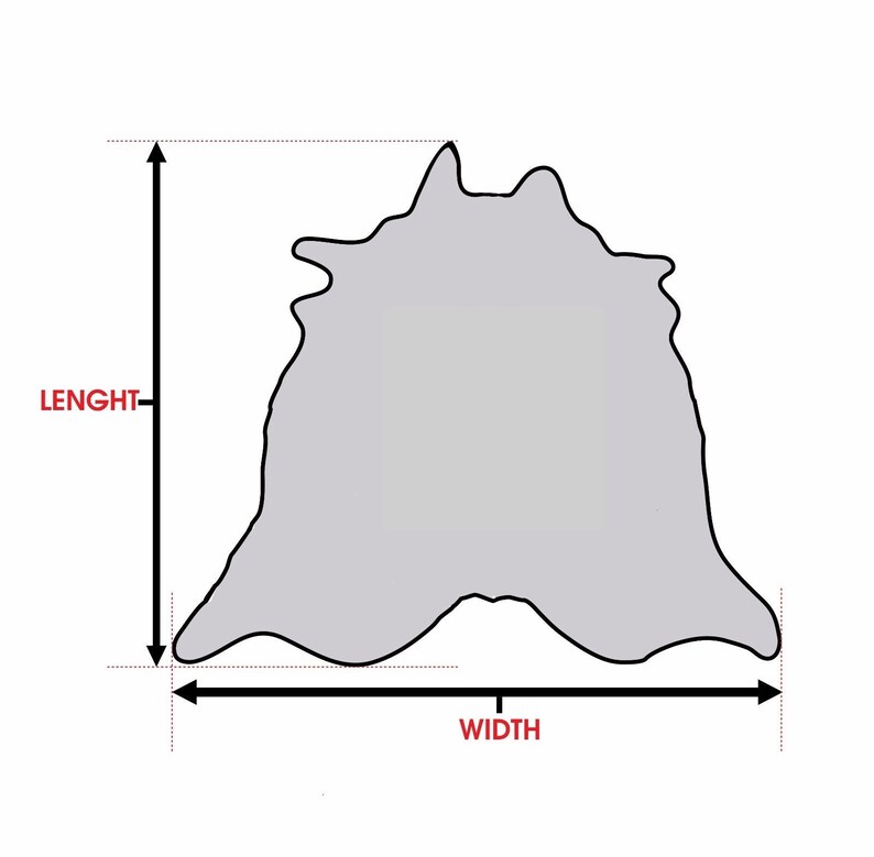 May include: Diagram showing how to measure the length and width of a cowhide rug. The length is measured from the top of the rug to the bottom, and the width is measured across the widest part of the rug.