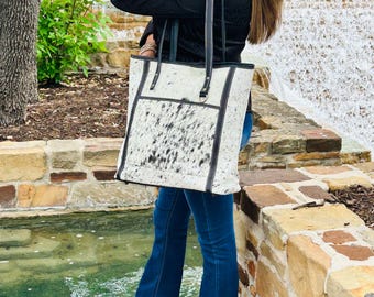 White & Black Cowhide Tote Bag | Handmade Leather Handbag