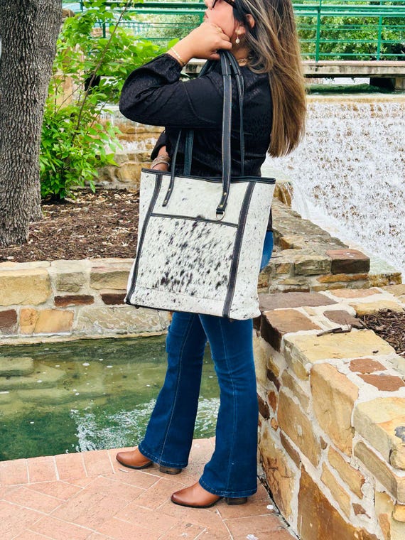White & Black Cowhide Tote Bag | Handmade Leather Handbag